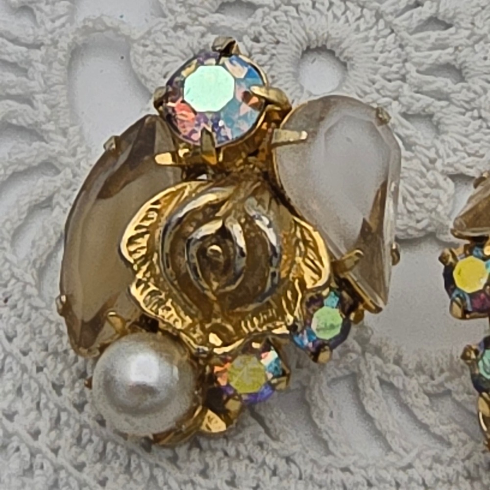 Vintage Givre AB Rose Clip On Earrings Gold Tone Rhinestone Faux Pearl Cluster